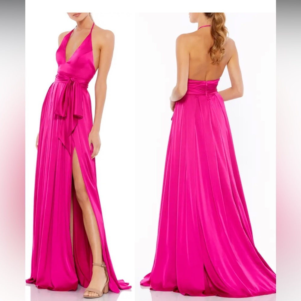 Mac Duggal Pink Halter Satin Sheath Gown